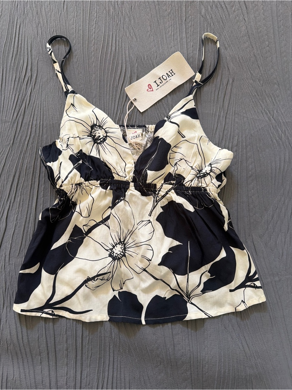 Black and Cream Floral V-Neck Cami with Adjustable Straps - Small